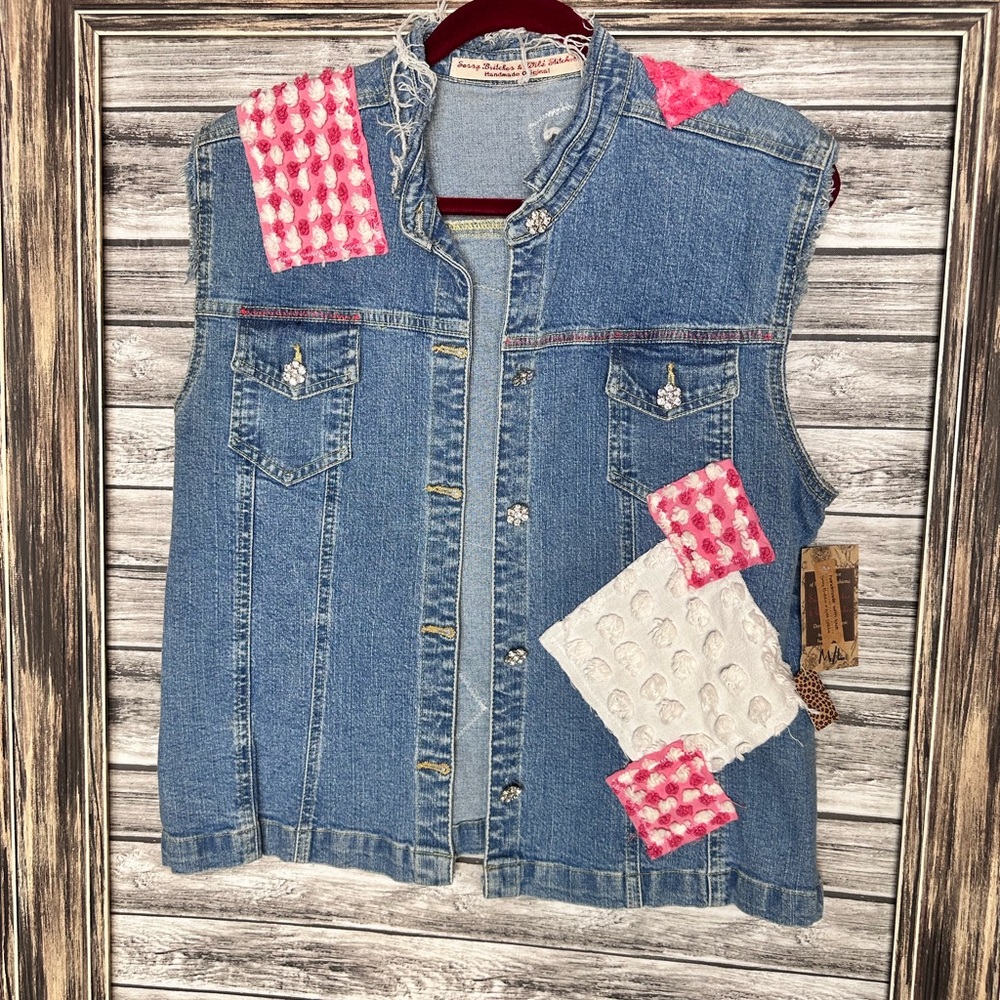 UpCycled Recycled Handmade Reworked Vintage Chenille Denim Vest Gypsy Boho